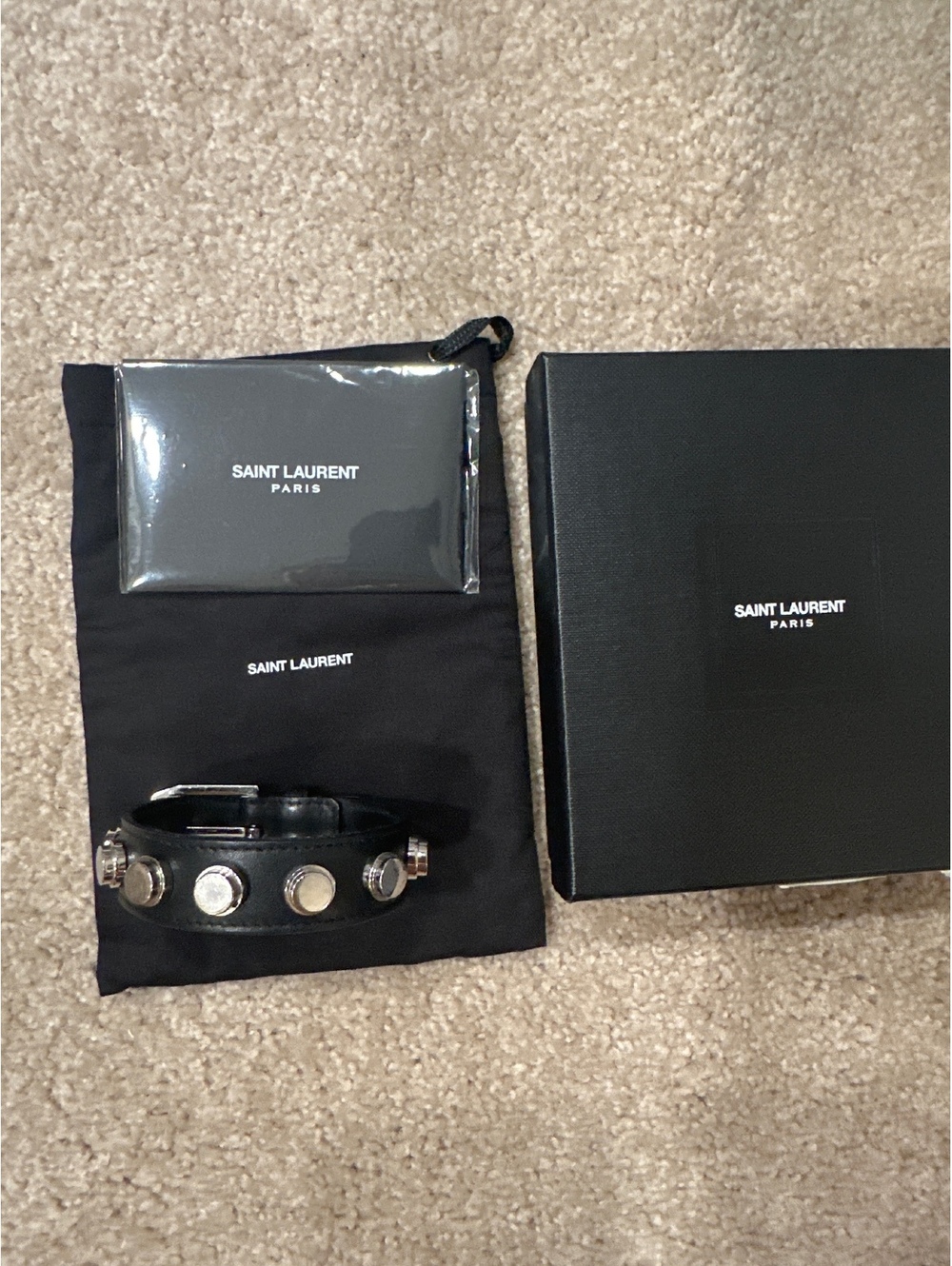 (2)Saint Laurent Paris Black Leather Studded Bracelet with Silver Hardware
